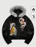 MEN Goth Men's Chinese Dragon & Tiger Print Zip-Up Hooded Sweatshirt With Fur Collar