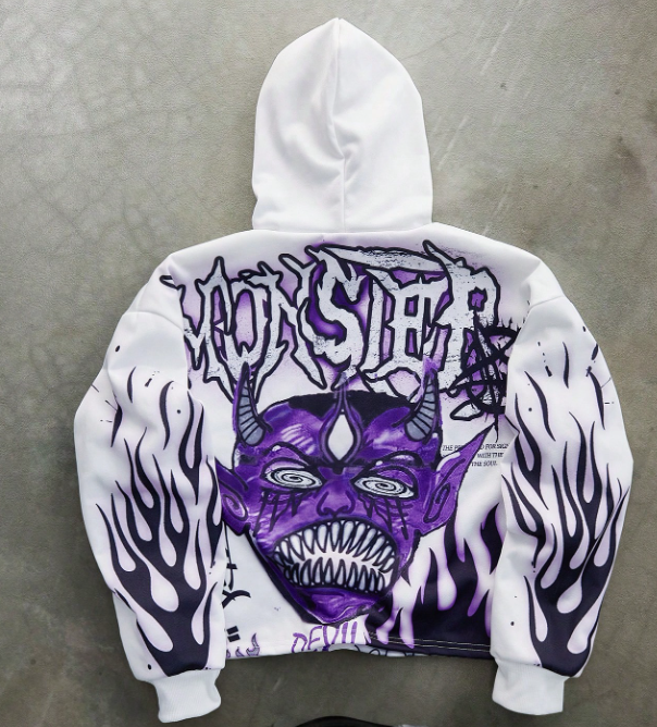 Manfinity EMRG Manfinity Streetrush Men's Youthful Street INS White Pullover Hoodie With Purple Flame Skull Monster Large Graphic