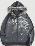 MEN Goth Men's Autumn Cross Print Zip-Up Patchwork Faux Fur Hooded Casual Sweat