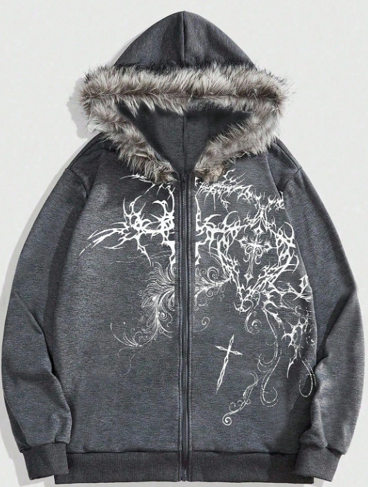 MEN Goth Men's Autumn Cross Print Zip-Up Patchwork Faux Fur Hooded Casual Sweat