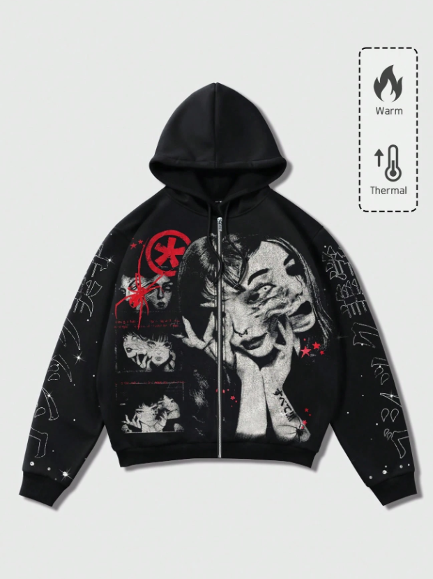 MEN Anime Men's Japan Style Street Dark Figure Print Zip-Up Hoodie Sweatshirt, For Winter