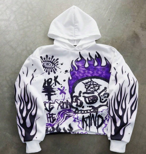Manfinity EMRG Manfinity Streetrush Men's Youthful Street INS White Pullover Hoodie With Purple Flame Skull Monster Large Graphic