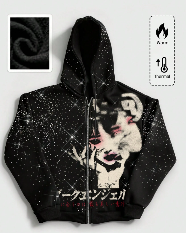 MEN Men's Portrait Print Anime Hooded Zip-Up Long Sleeve Sweatshirt, For Winter