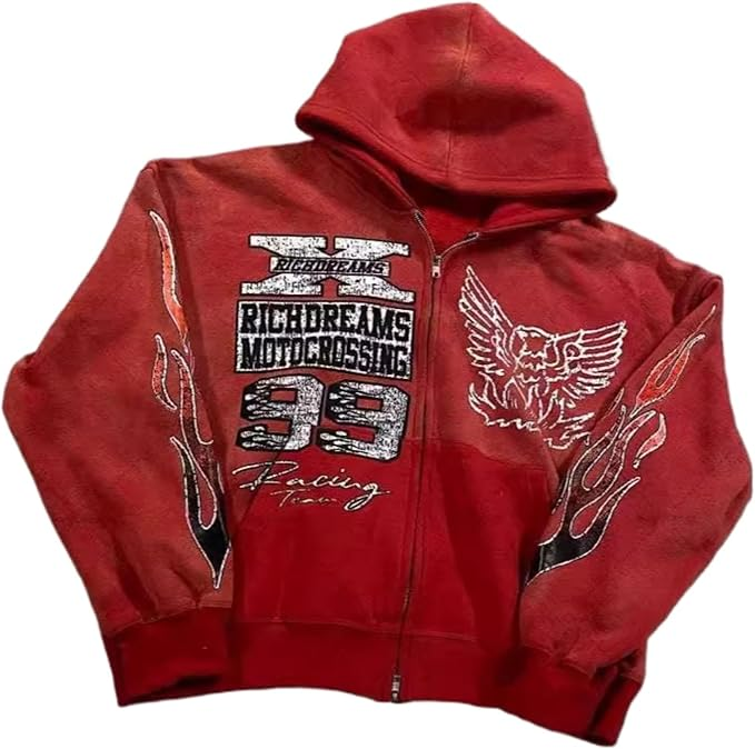 red Zip Up Hoodie Grunge Jackets Streetwear Y2k Unisex Emo Vintage 2000s Outerwear Oversized Graphic Hoodies Star