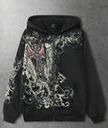 MEN Goth Men's Cross And Wing Print Hooded Zip-Up Long Sleeve Sweatshirt