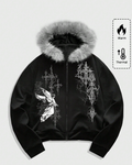 MEN Men's Gothic Fluffy Angel Print Zip-Up Hoodie Sweatshirt, Autumn, Long Sleeve Top for winter