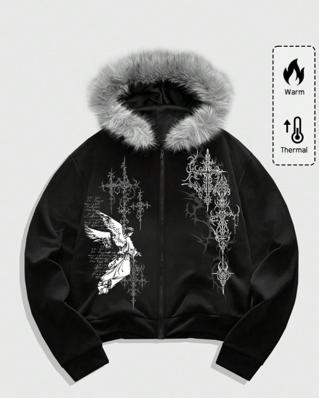 MEN Men's Gothic Fluffy Angel Print Zip-Up Hoodie Sweatshirt, Autumn, Long Sleeve Top for winter